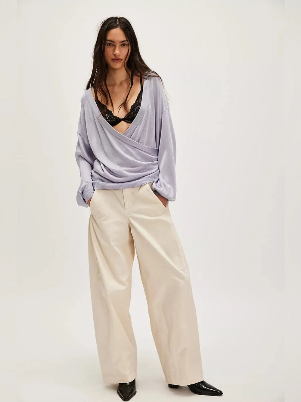 Free People Veronica Long Sleeve Viscose Dusty Lavender Wrap V-Neck Sweater Smal